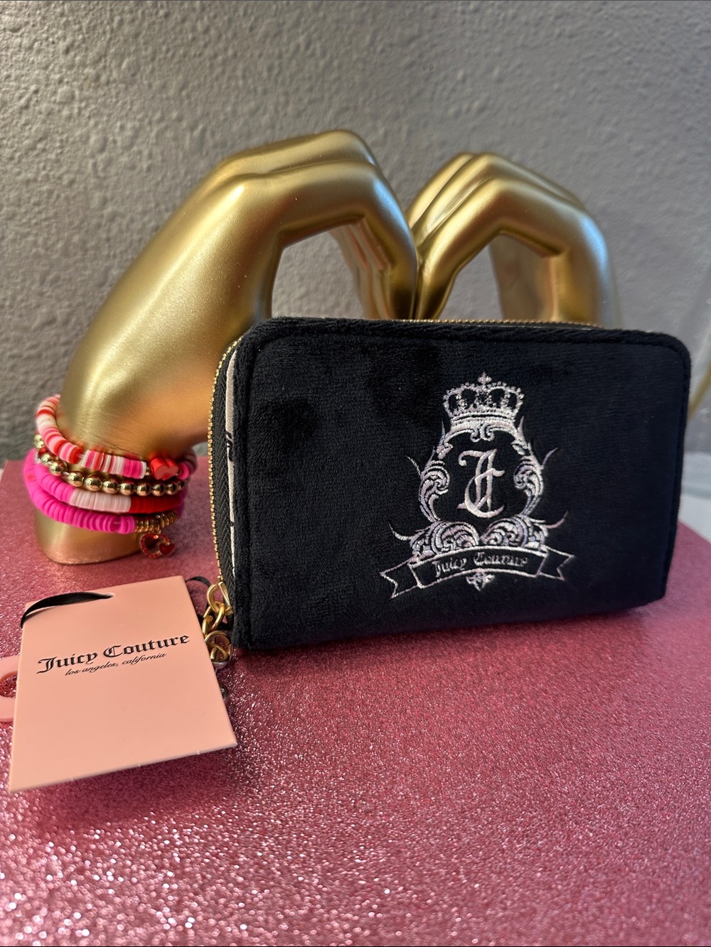 Juicy Couture Black Velvet Crest Zip Wallet